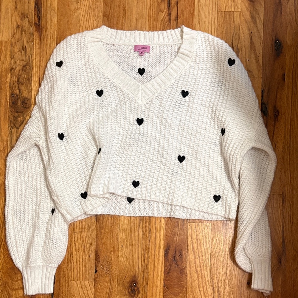 Miami Cream V-Neck Sweater with Black Heart Pattern